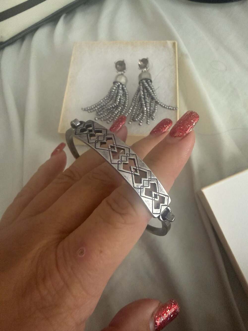 Silver-Tone Geometric Cutout Hinge Bangle Bracelet and Beaded Tassel Earrings Se